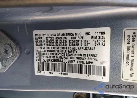 2010 Honda Cr-V Ex из США, поврежденный, VIN 5J6RE3H58AL008657